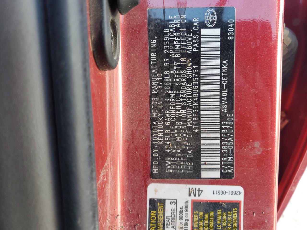 2011 Toyota Camry Base VIN: 4T1BF3EK4BU635751 Lot: 78315014