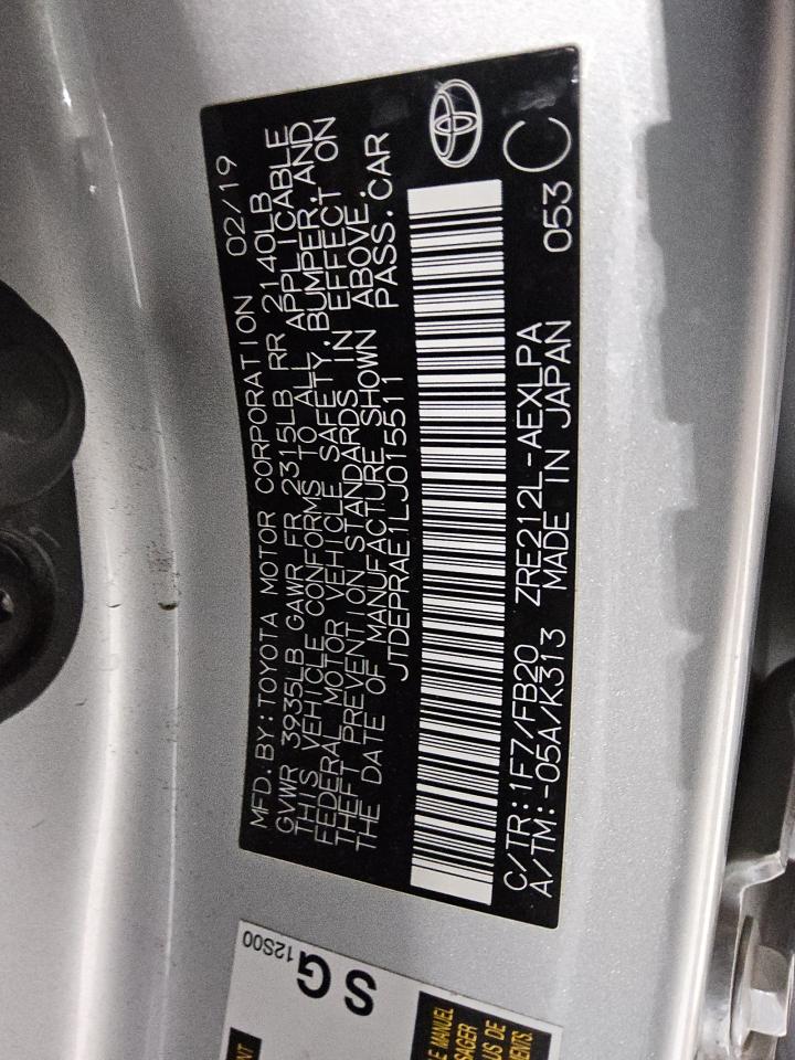 2020 Toyota Corolla Le VIN: JTDEPRAE1LJ015511 Lot: 71598624