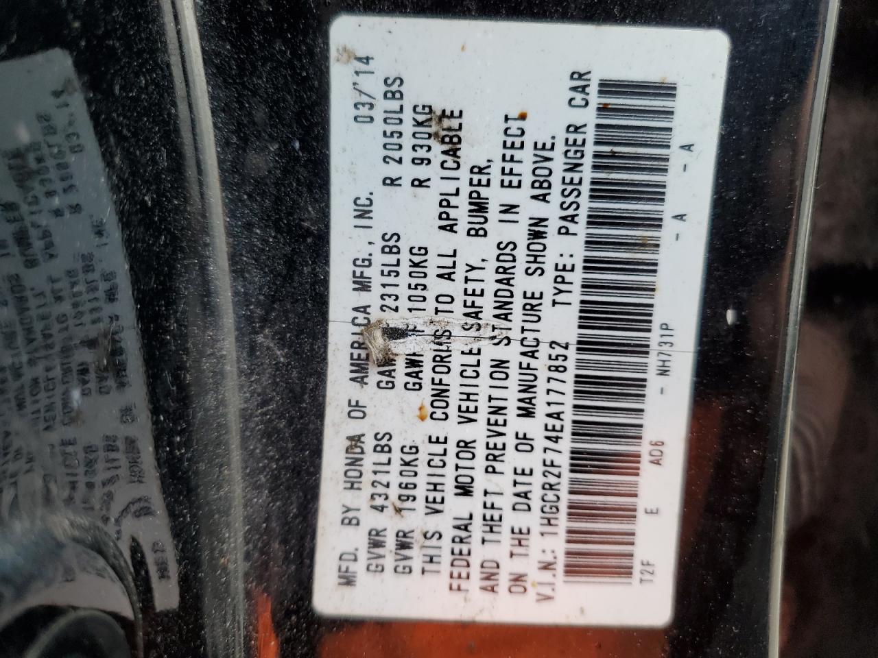 1HGCR2F74EA177852 2014 Honda Accord Ex