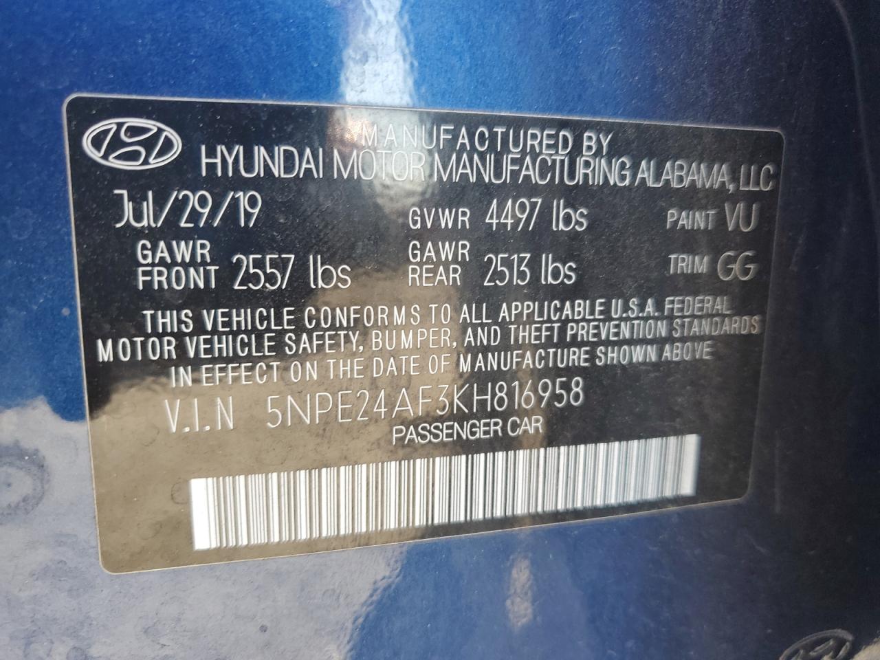 2019 Hyundai Sonata Se VIN: 5NPE24AF3KH816958 Lot: 76986594