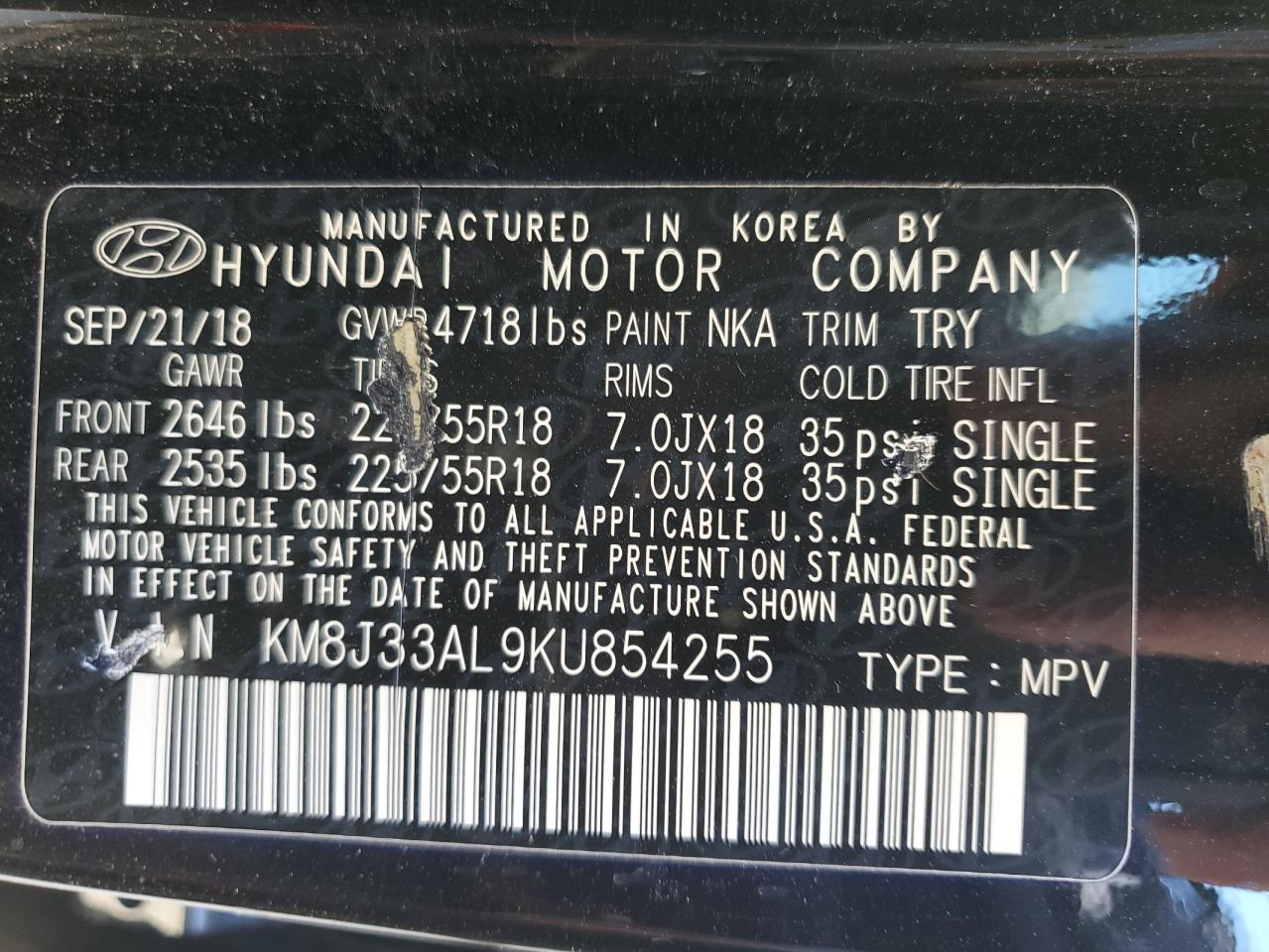 KM8J33AL9KU854255 2019 Hyundai Tucson Limited