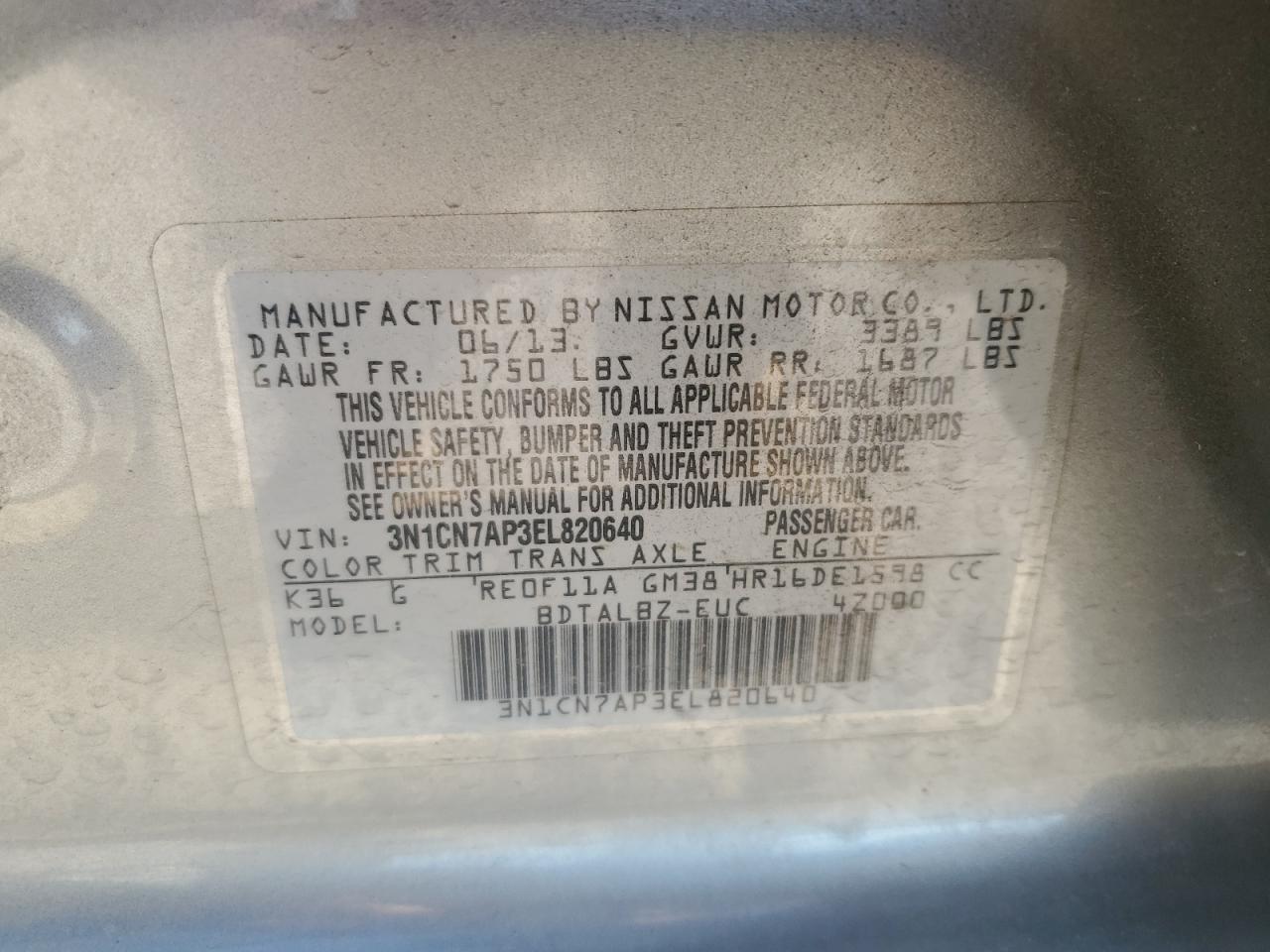 3N1CN7AP3EL820640 2014 Nissan Versa S