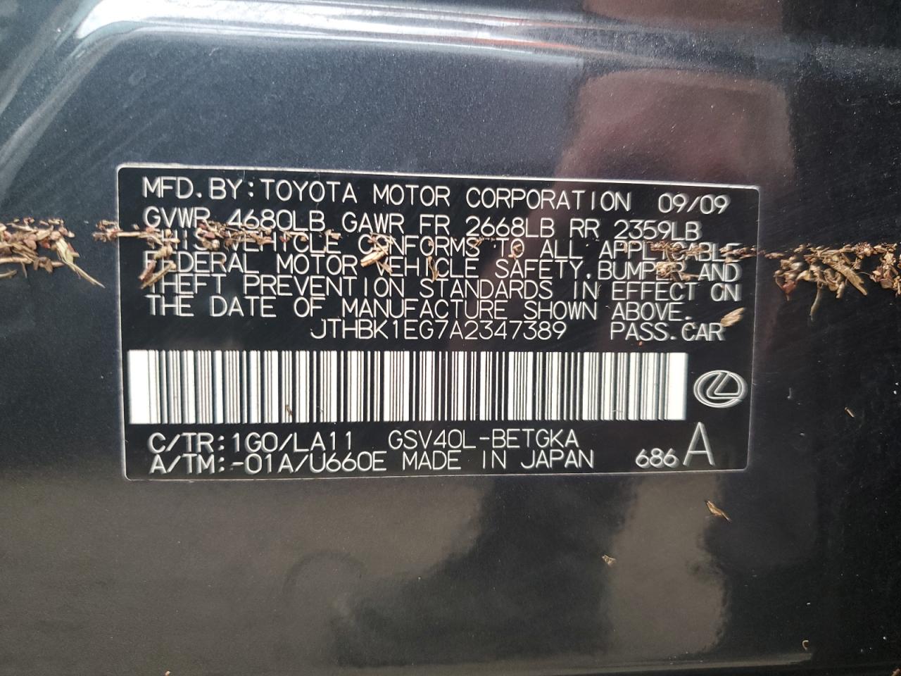 2010 Lexus Es 350 VIN: JTHBK1EG7A2347389 Lot: 74748824