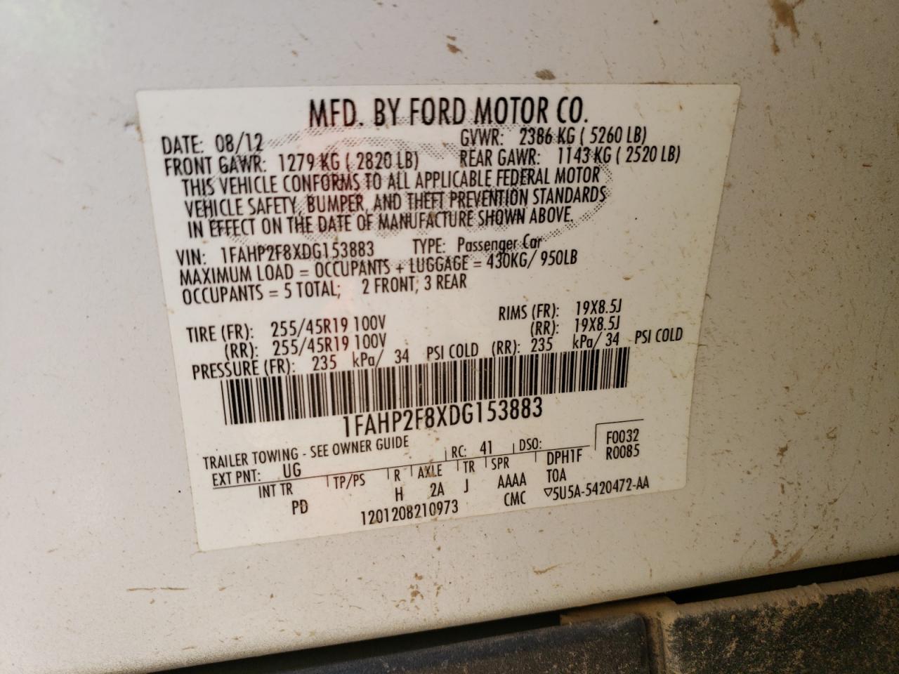 2013 Ford Taurus Limited VIN: 1FAHP2F8XDG153883 Lot: 77661444