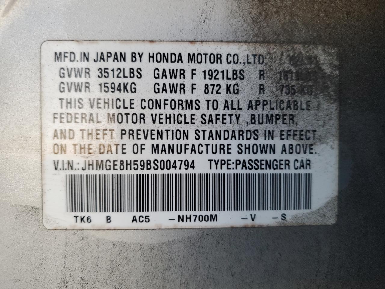 JHMGE8H59BS004794 2011 Honda Fit Sport