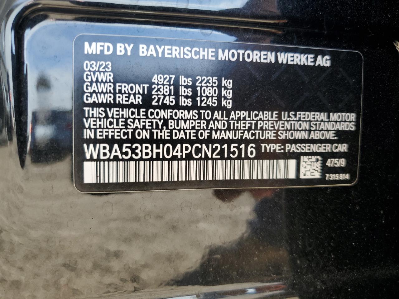 2023 BMW 530 I VIN: WBA53BH04PCN21516 Lot: 75204754