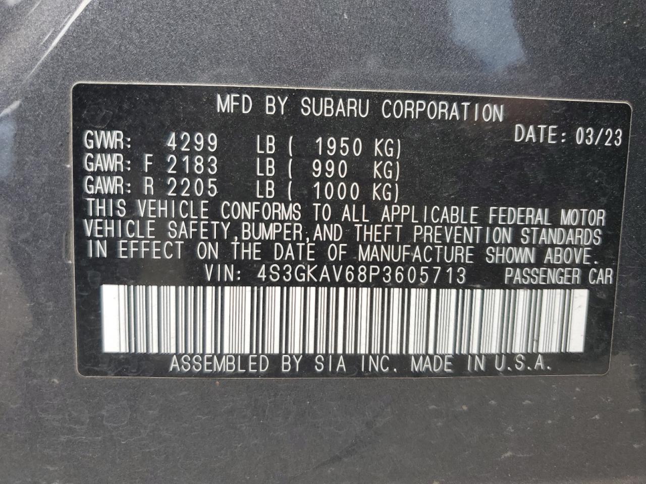 4S3GKAV68P3605713 2023 Subaru Impreza Premium