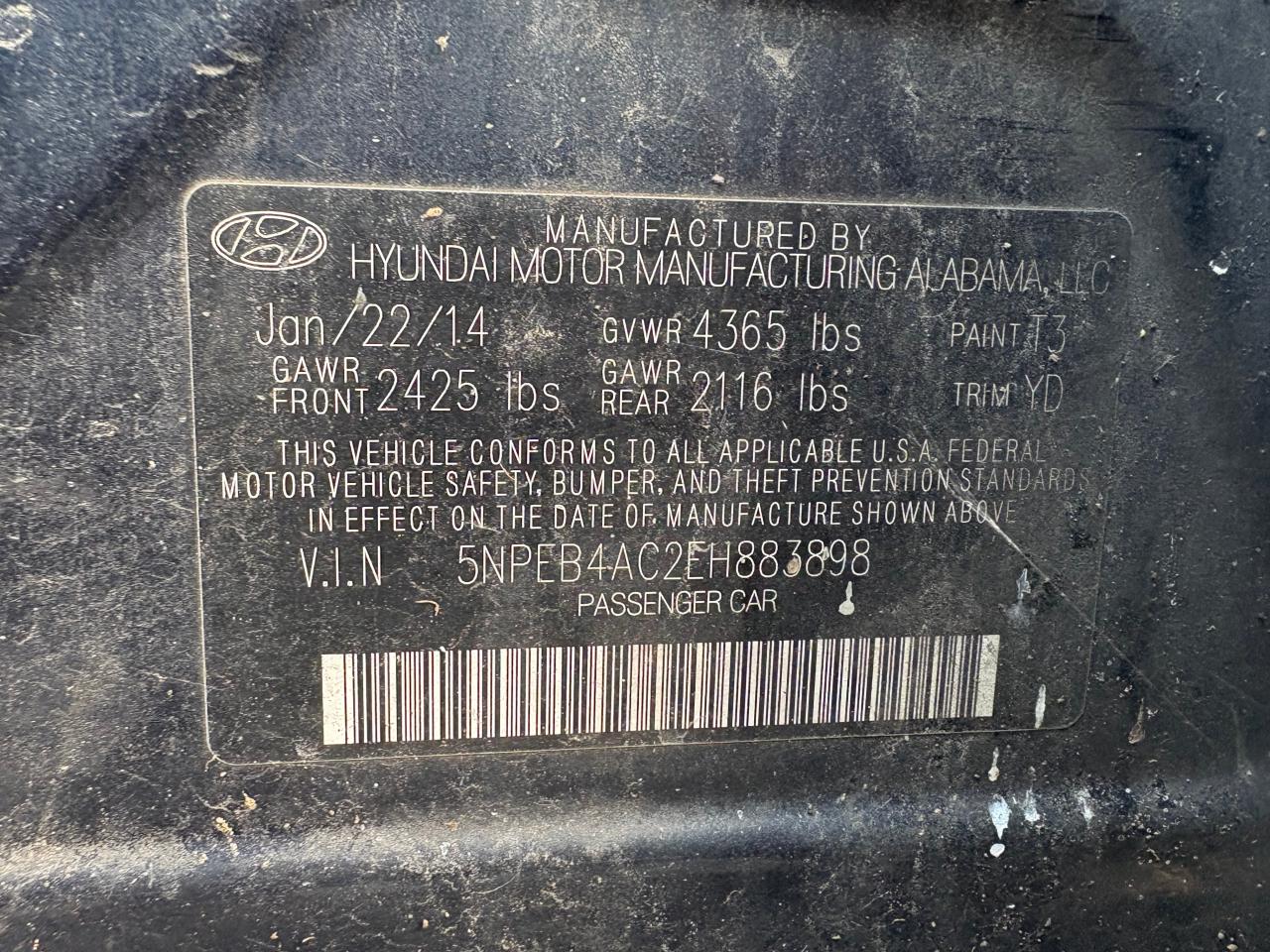 5NPEB4AC2EH883898 2014 Hyundai Sonata Gls