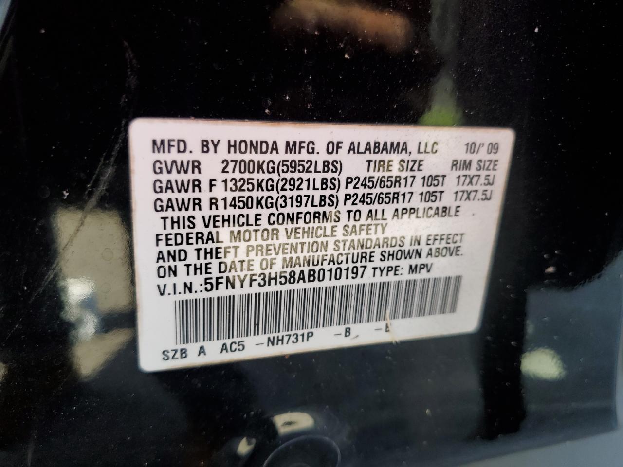 5FNYF3H58AB010197 2010 Honda Pilot Exl