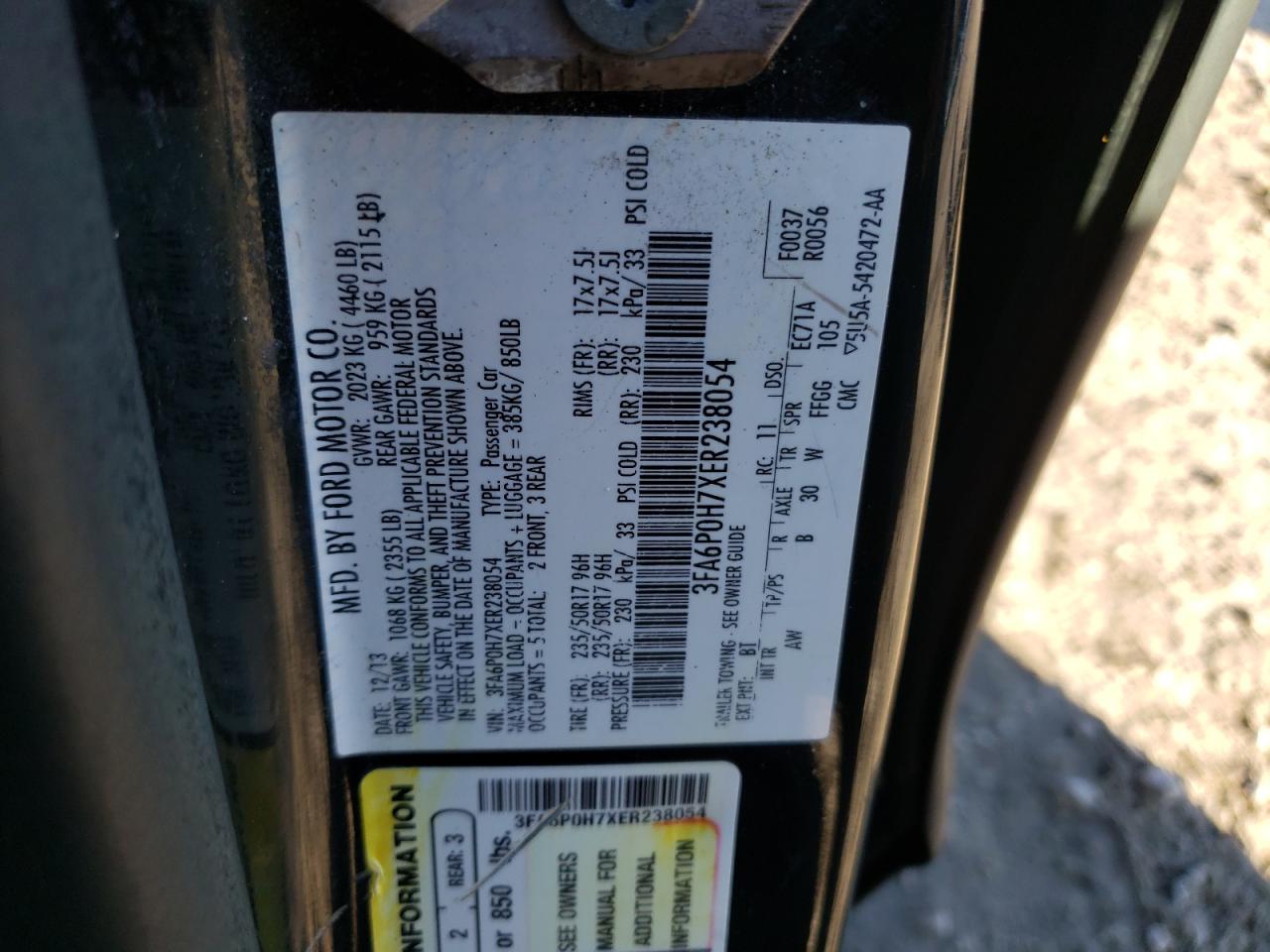 3FA6P0H7XER238054 2014 Ford Fusion Se