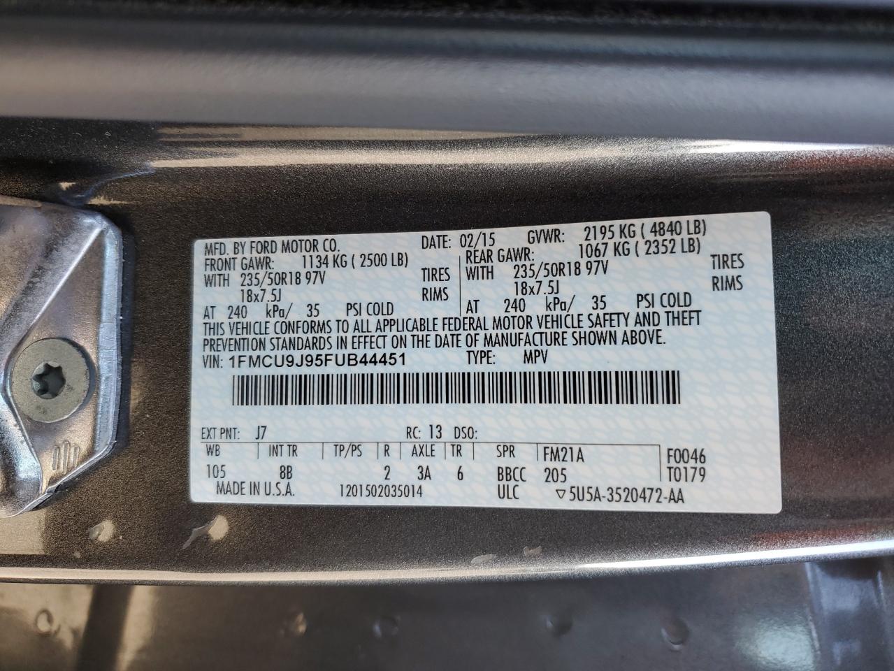 2015 Ford Escape Titanium VIN: 1FMCU9J95FUB44451 Lot: 77420194