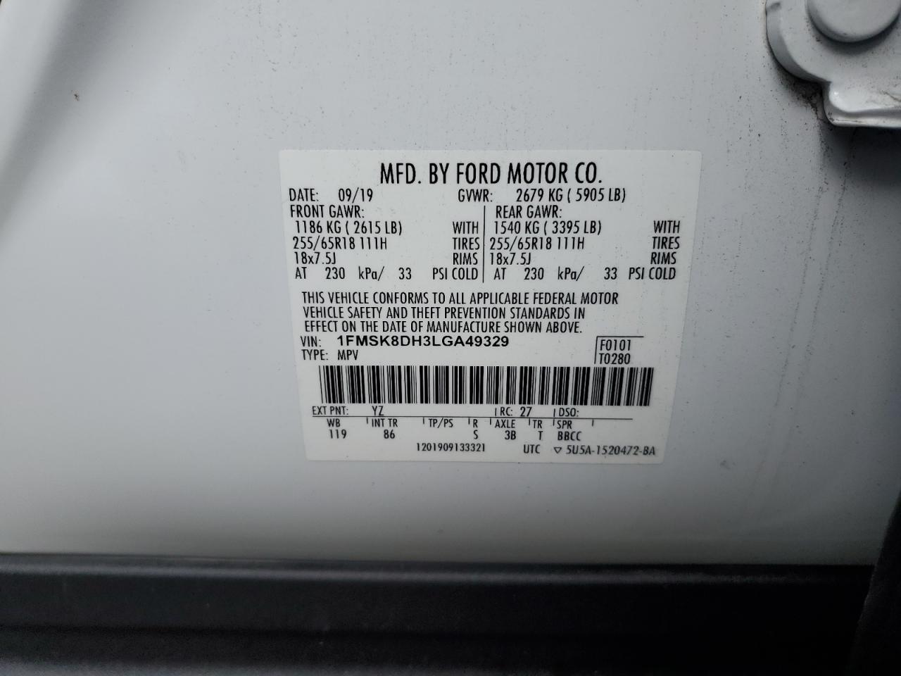 1FMSK8DH3LGA49329 2020 Ford Explorer Xlt