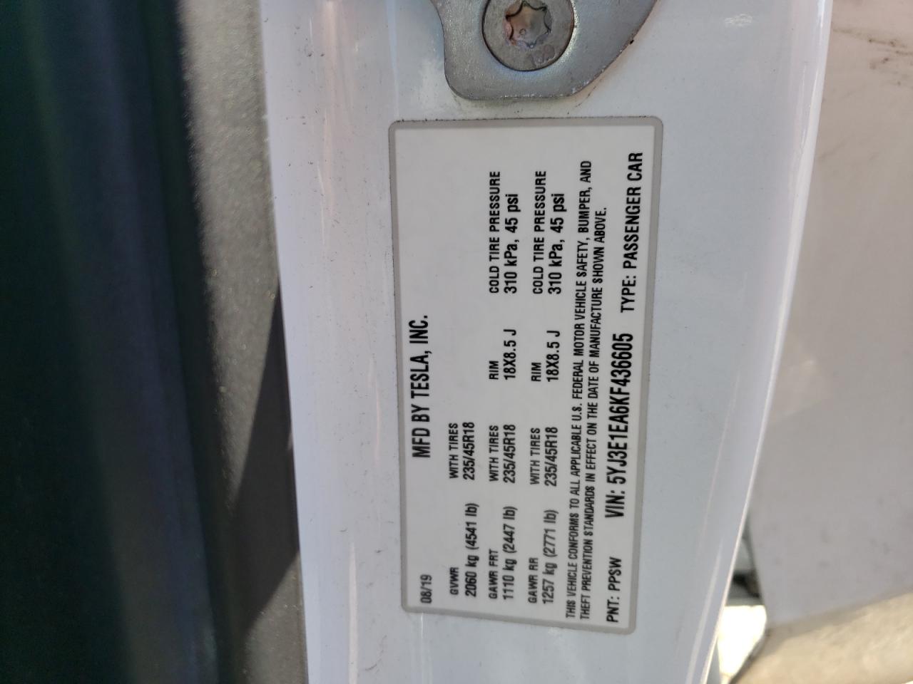 5YJ3E1EA6KF436605 2019 Tesla Model 3