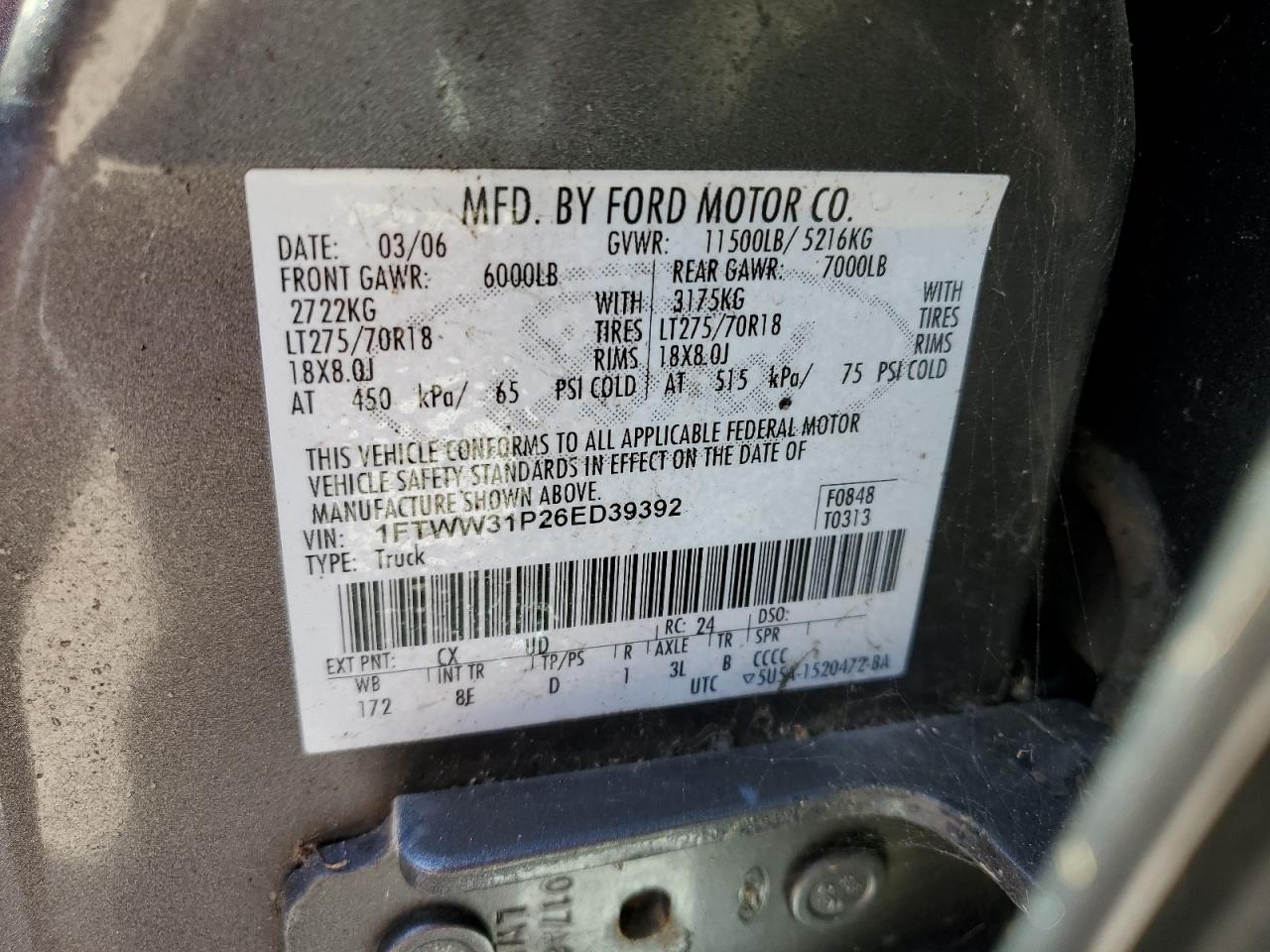 2006 Ford F350 Srw Super Duty VIN: 1FTWW31P26ED39392 Lot: 75455964