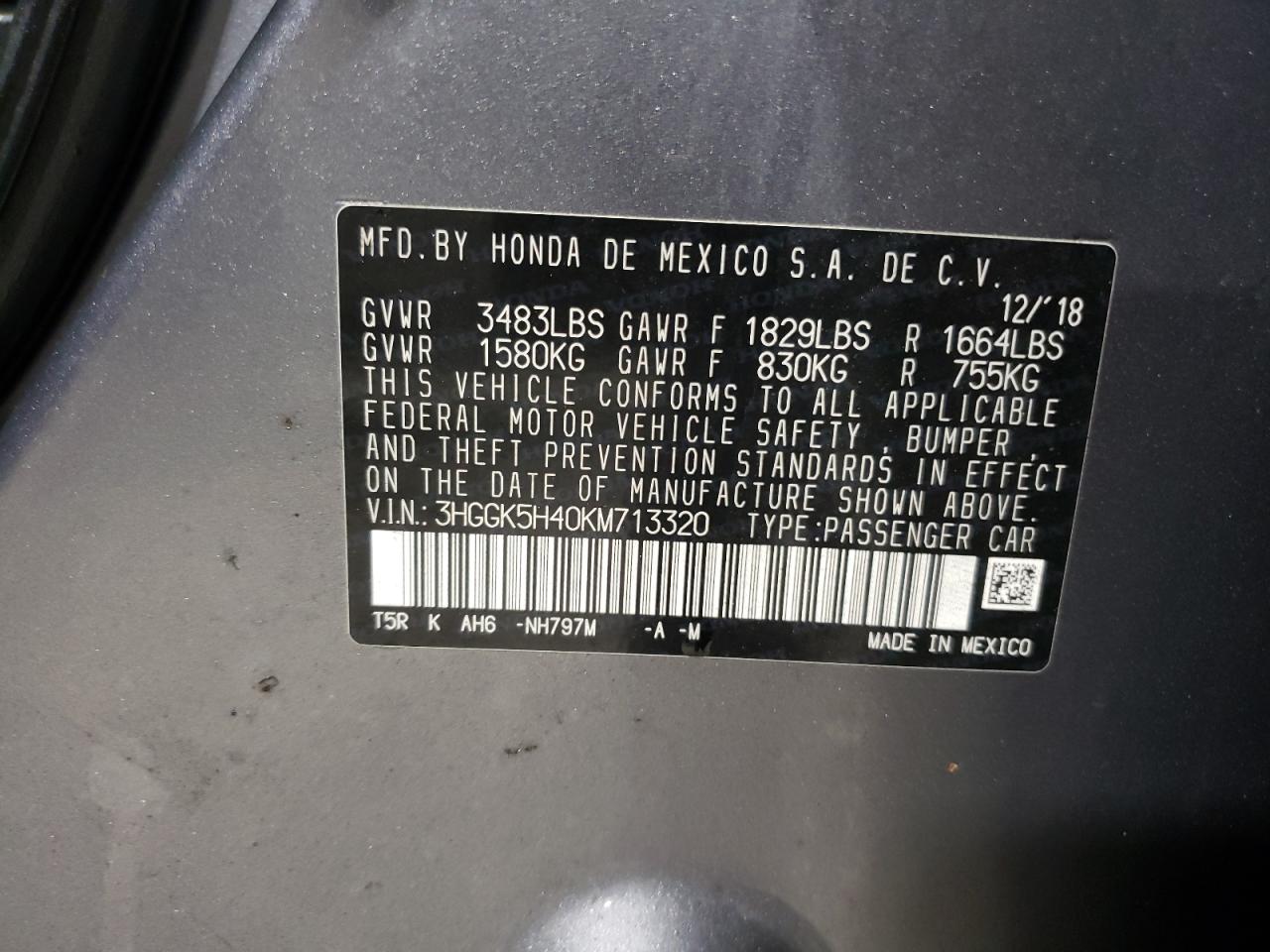 VIN 3HGGK5H40KM713320 2019 HONDA FIT no.13