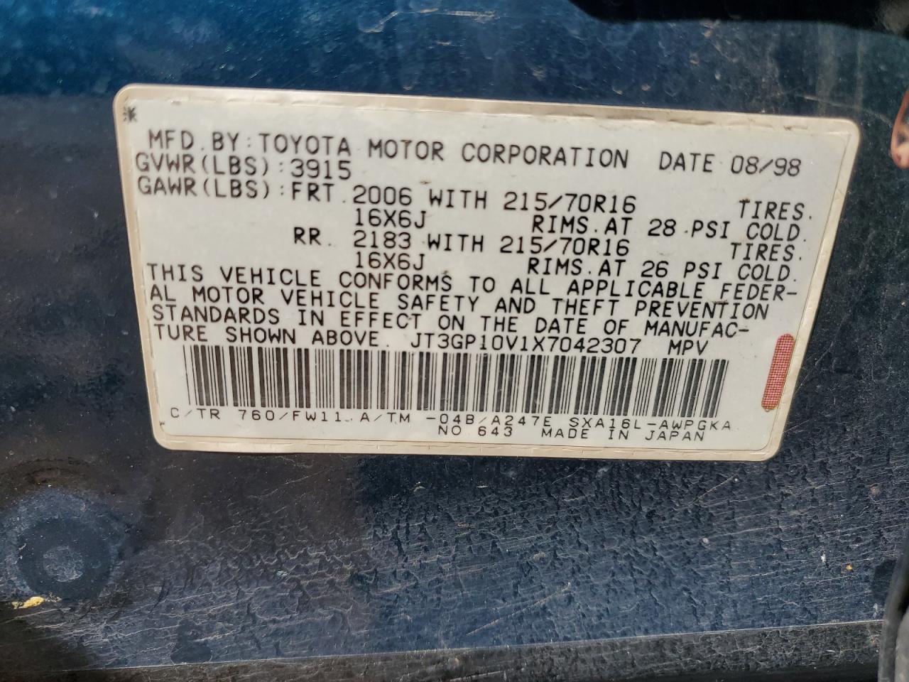 JT3GP10V1X7042307 1999 Toyota Rav4