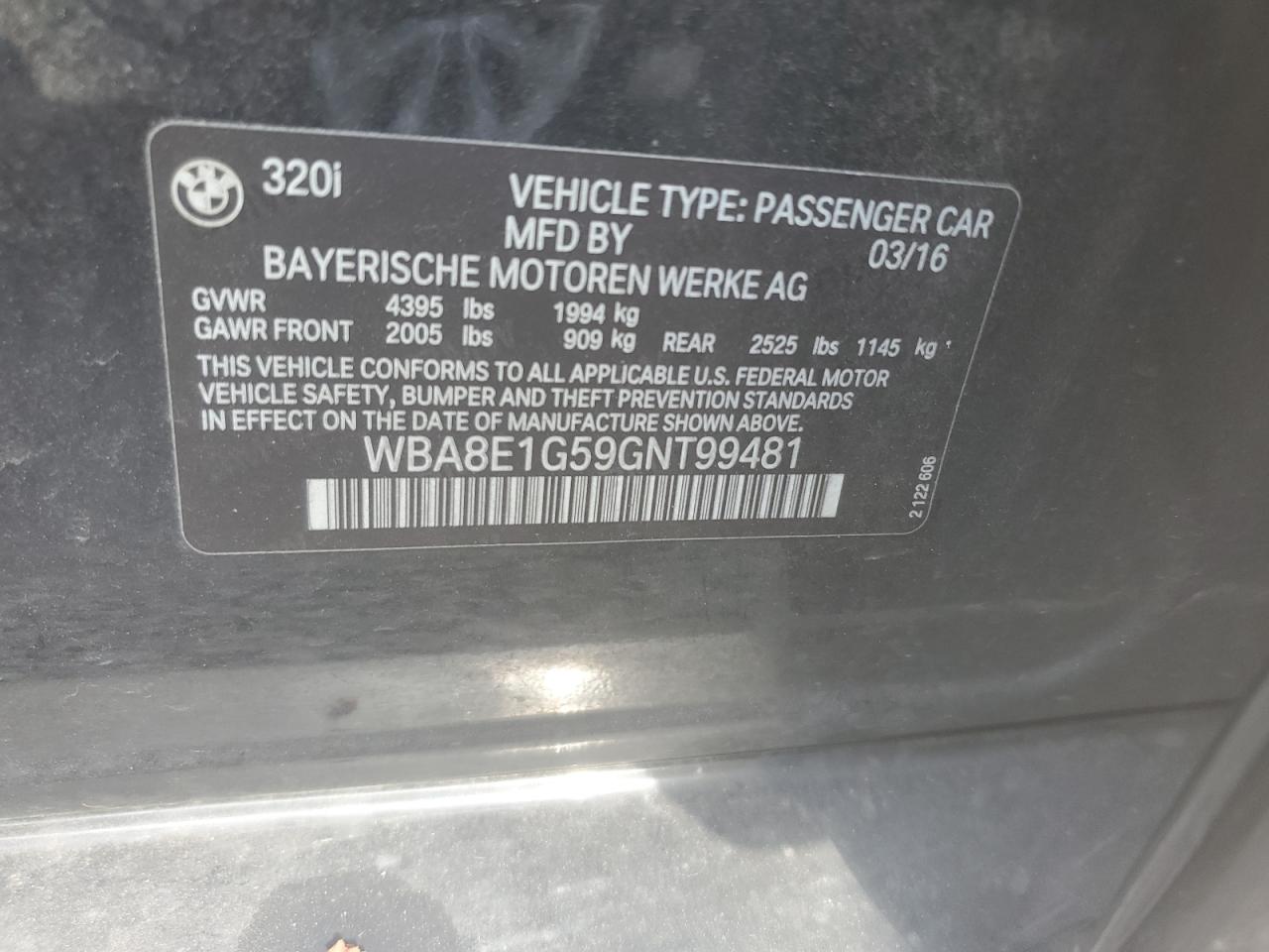 2016 BMW 320 I VIN: WBA8E1G59GNT99481 Lot: 84064805