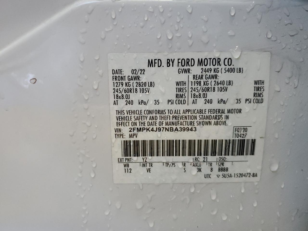 2022 Ford Edge Sel VIN: 2FMPK4J97NBA39943 Lot: 73608224