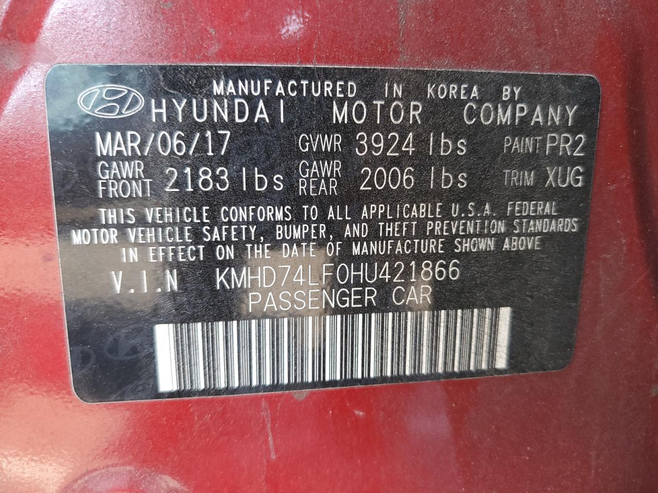 KMHD74LF0HU421866 2017 Hyundai Elantra Se