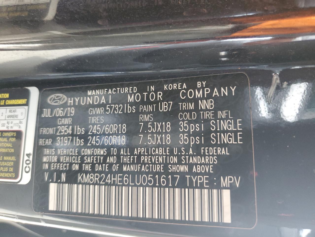 KM8R24HE6LU051617 2020 Hyundai Palisade Sel