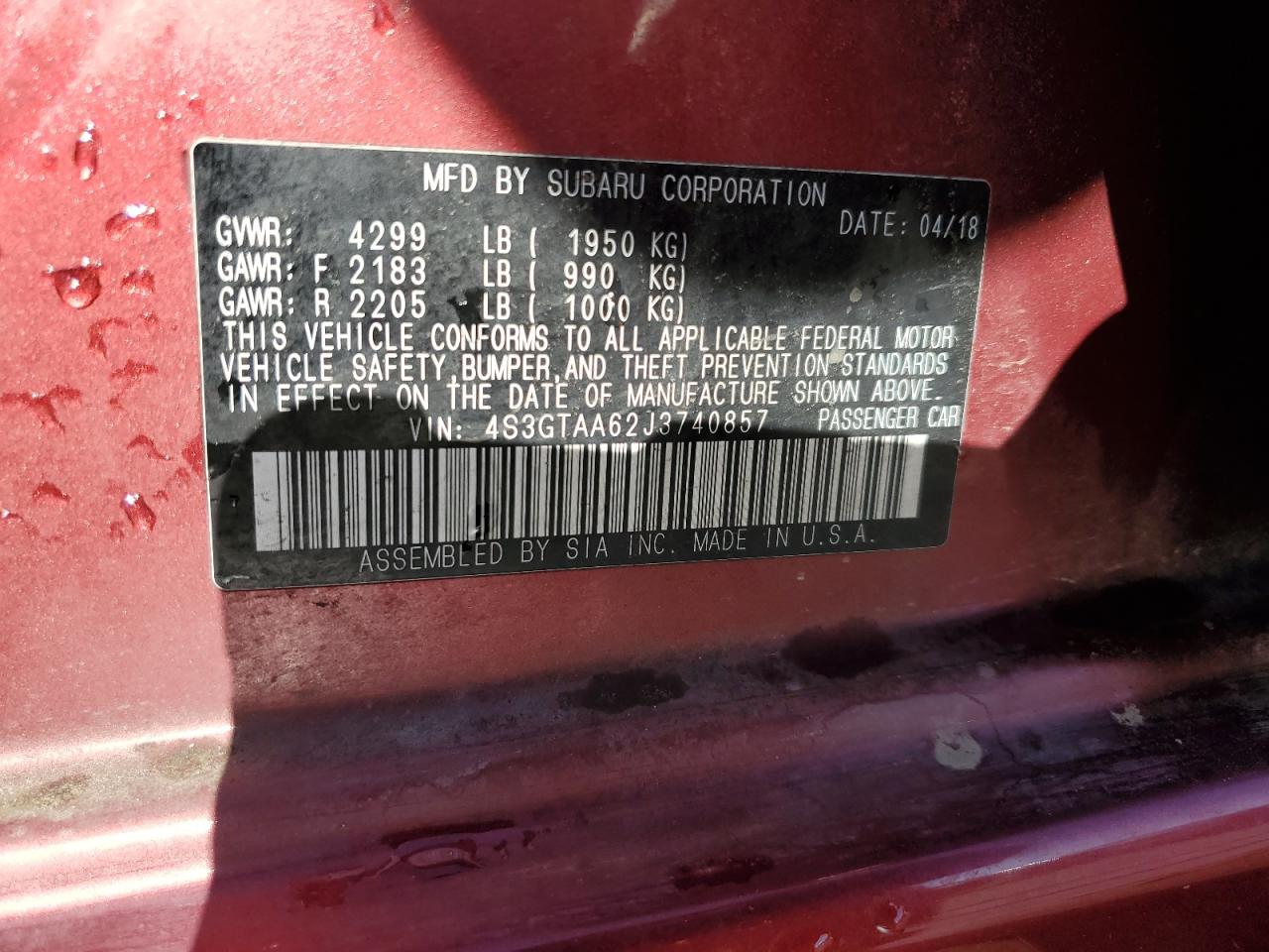 4S3GTAA62J3740857 SUBARU IMPREZA 2018