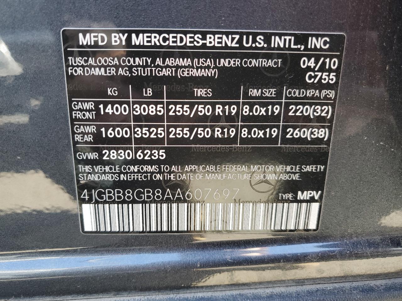 2010 Mercedes-Benz Ml 350 4Matic VIN: 4JGBB8GB8AA607697 Lot: 77284524