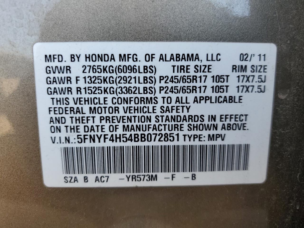 5FNYF4H54BB072851 2011 Honda Pilot Exl