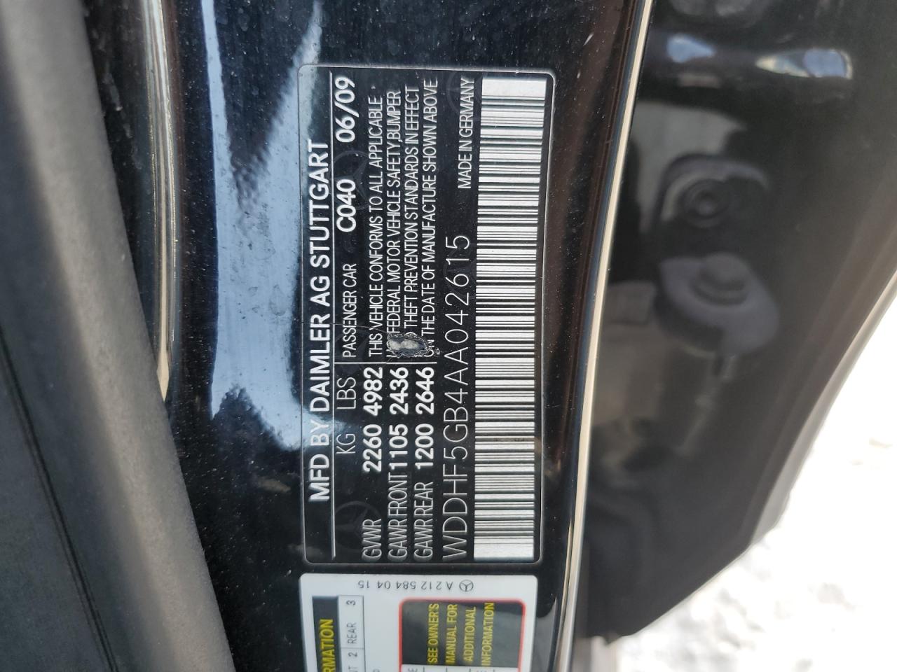 2010 Mercedes-Benz E 350 VIN: WDDHF5GB4AA042615 Lot: 77378164