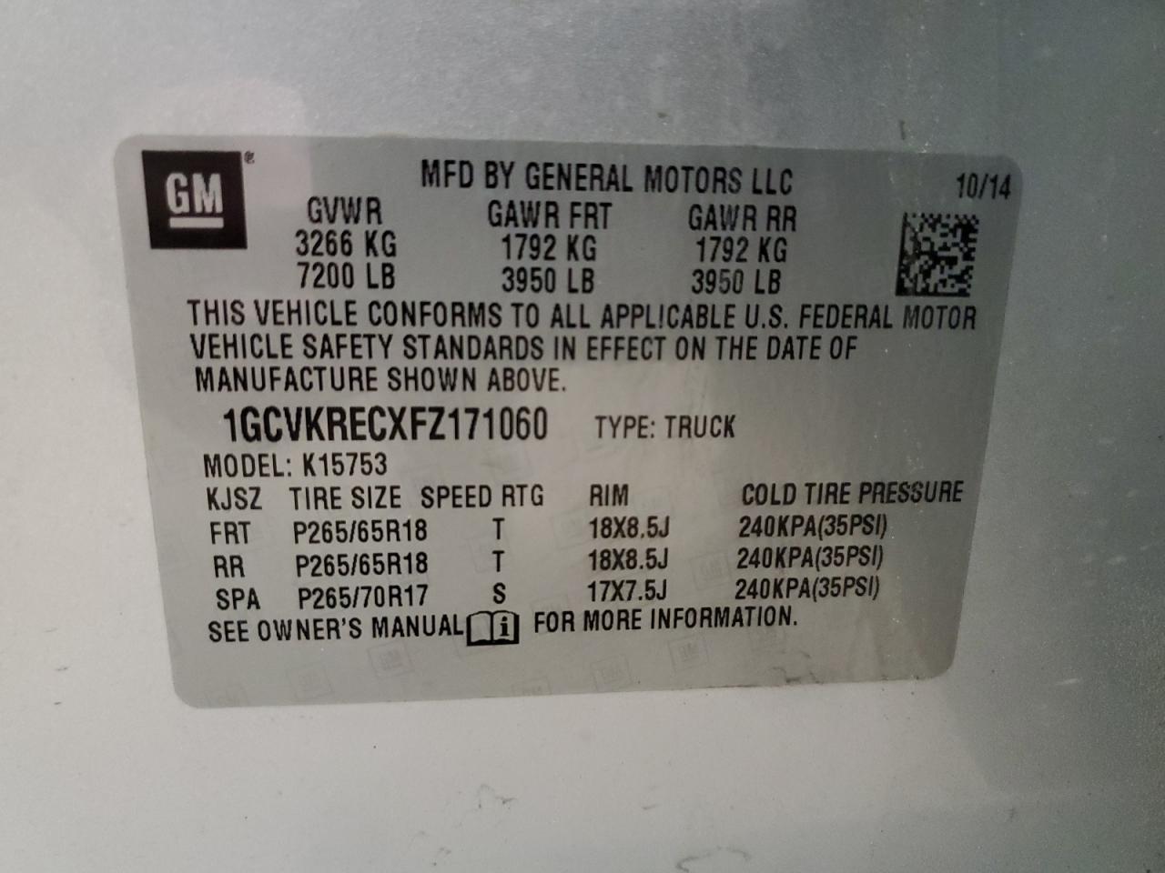 1GCVKRECXFZ171060 2015 Chevrolet Silverado K1500 Lt