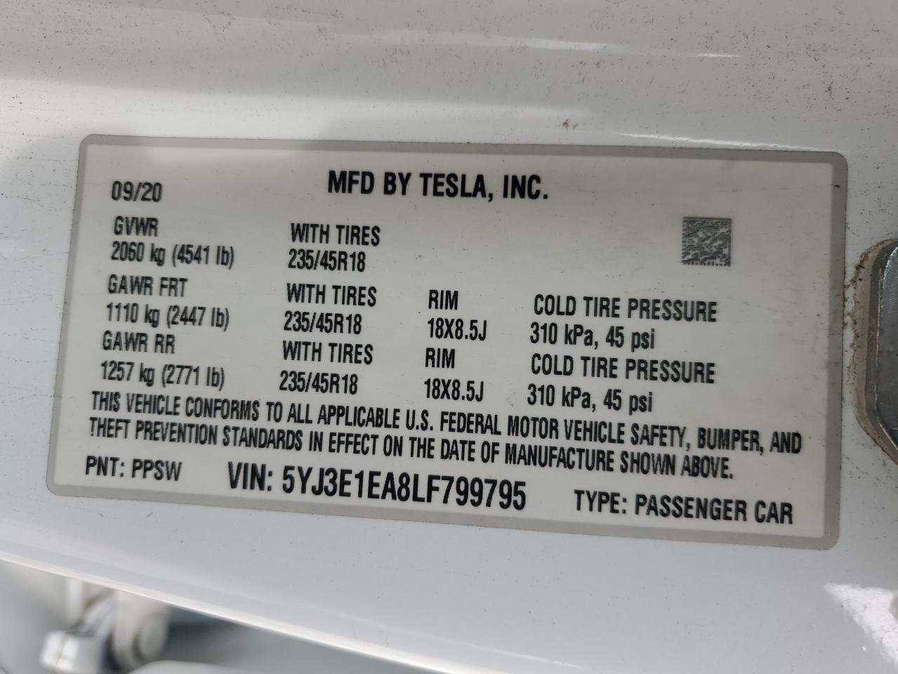 5YJ3E1EA8LF799795 2020 Tesla Model 3