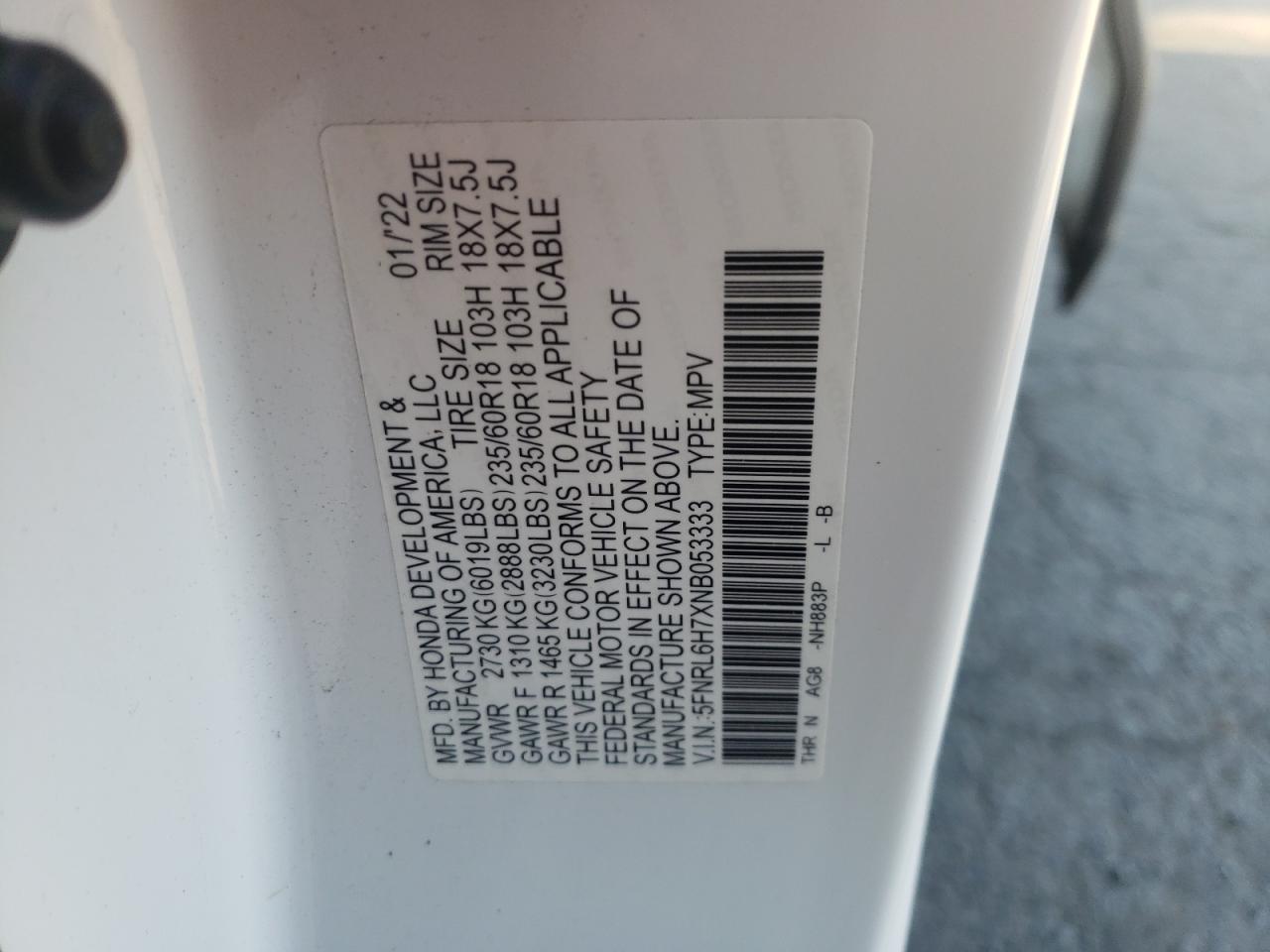 2022 Honda Odyssey Exl VIN: 5FNRL6H7XNB053333 Lot: 76760294