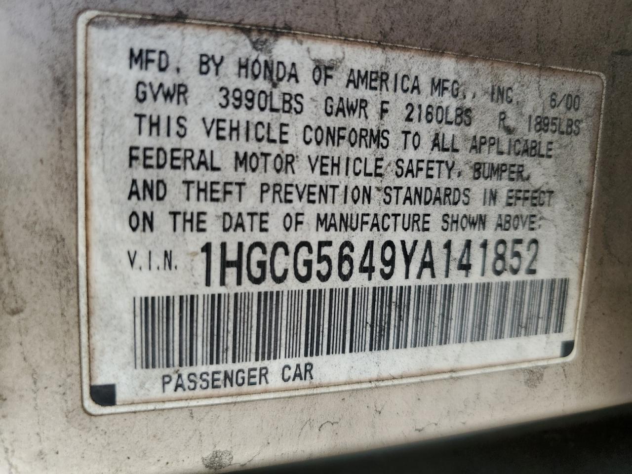 1HGCG5649YA141852 2000 Honda Accord Lx