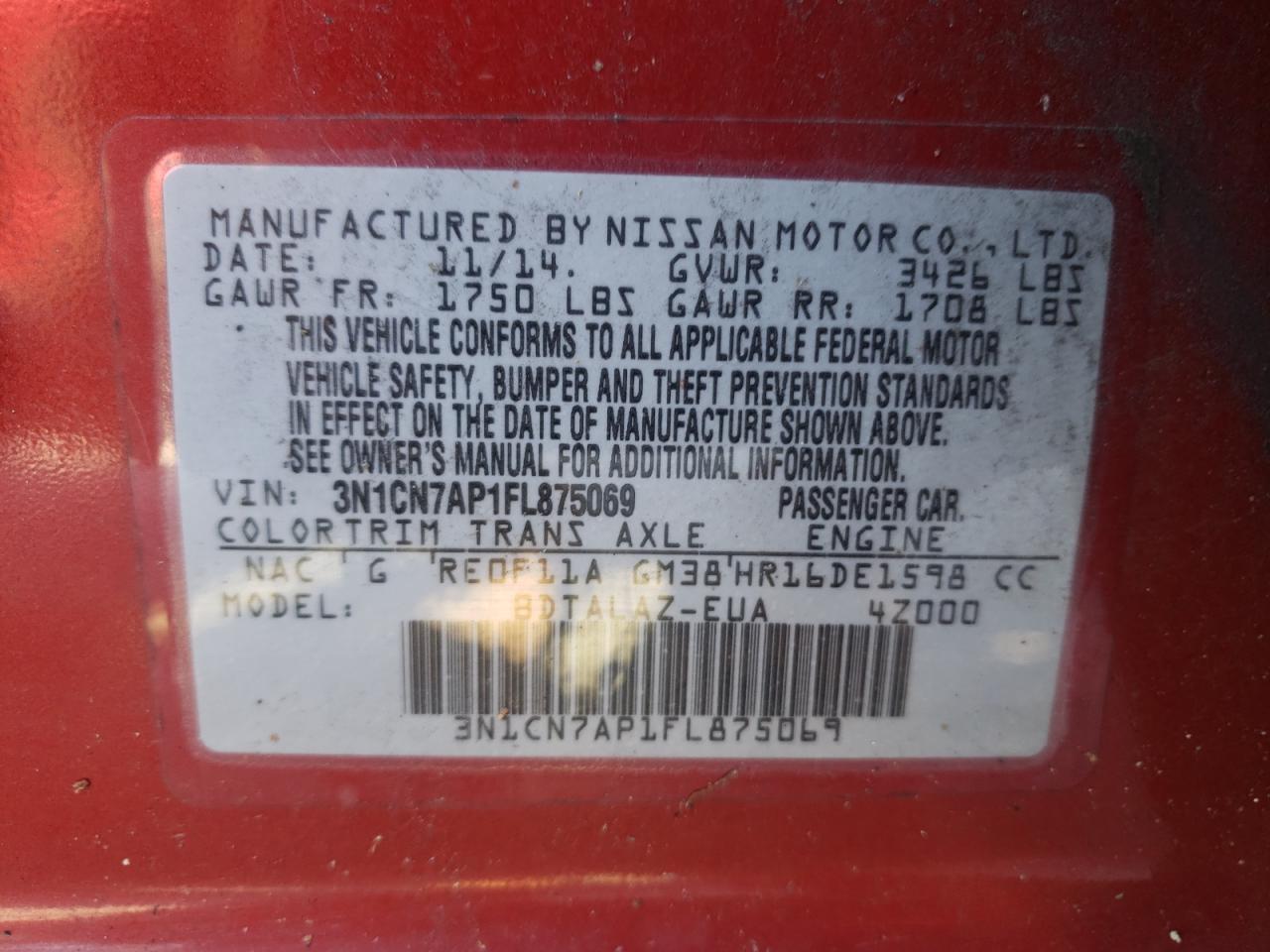 VIN 3N1CN7AP1FL875069 2015 NISSAN VERSA no.12