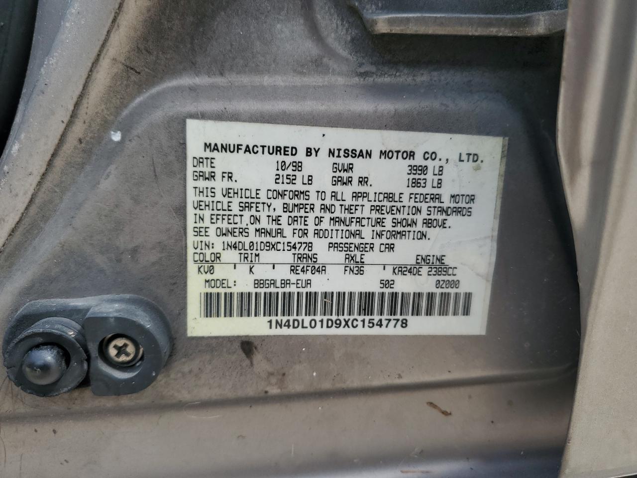 1999 Nissan Altima Xe VIN: 1N4DL01D9XC154778 Lot: 75074664