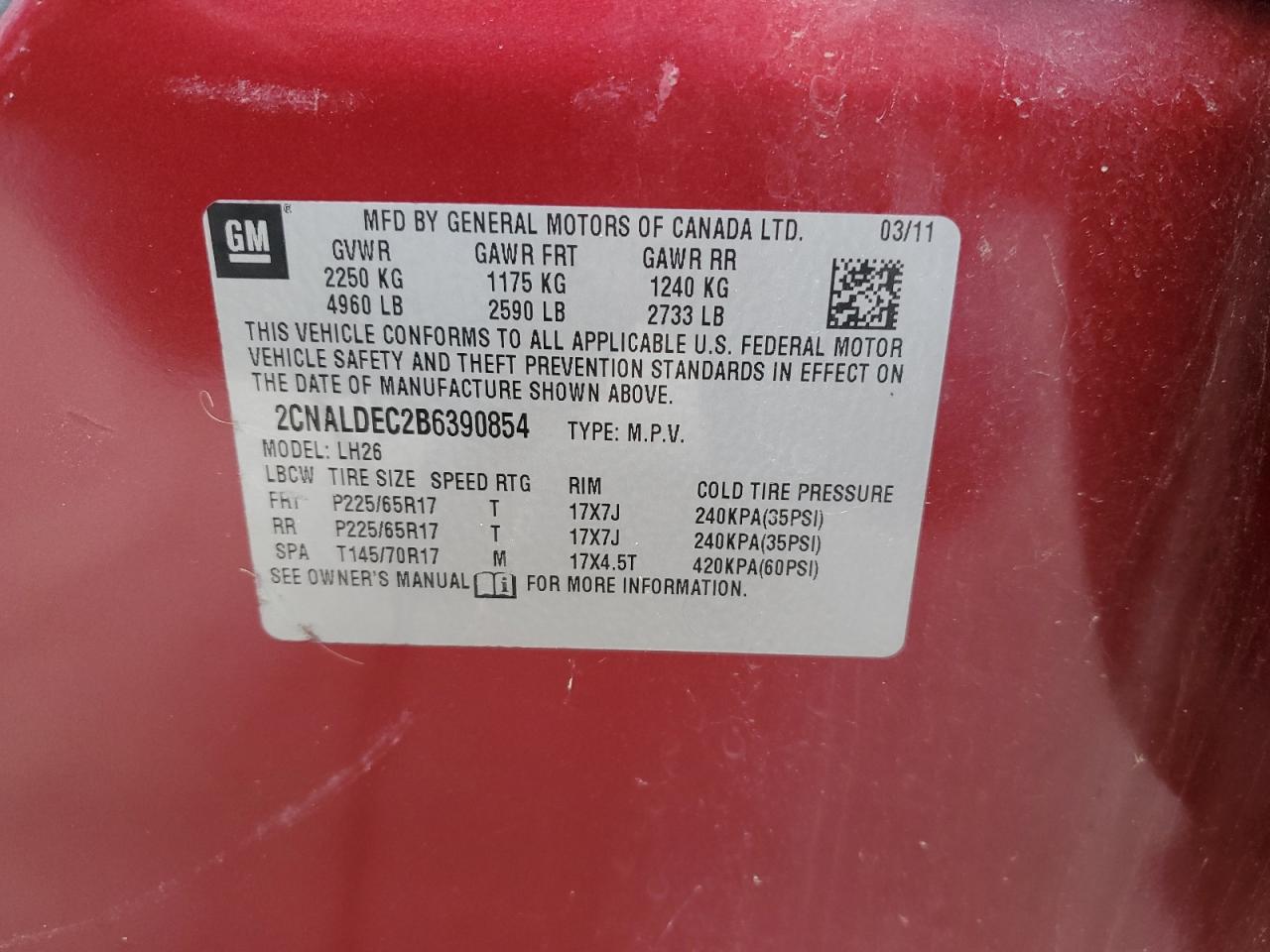 2011 Chevrolet Equinox Lt VIN: 2CNALDEC2B6390854 Lot: 78029154