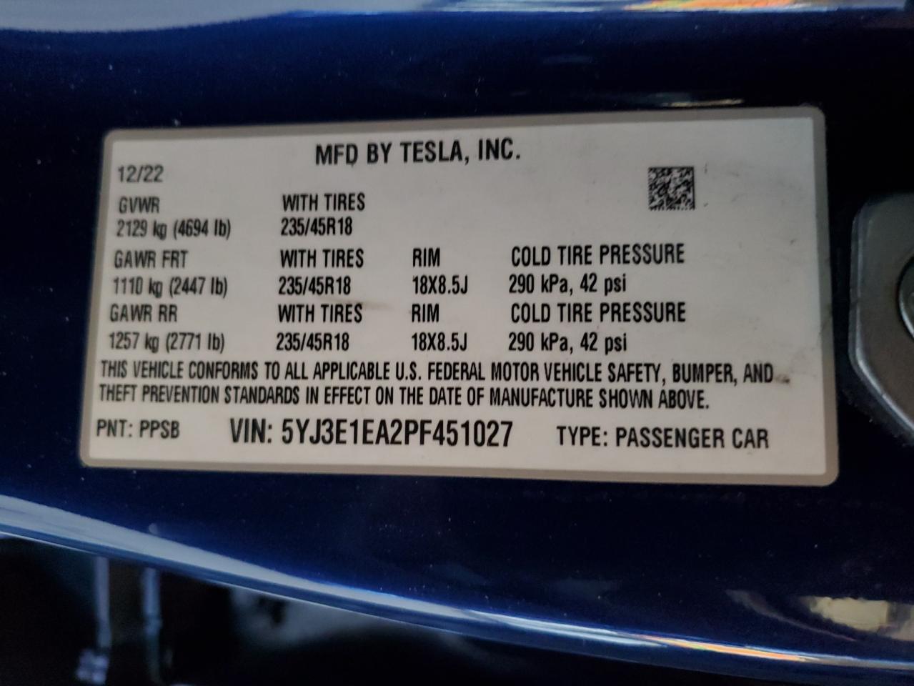 2023 Tesla Model 3 VIN: 5YJ3E1EA2PF451027 Lot: 78099794