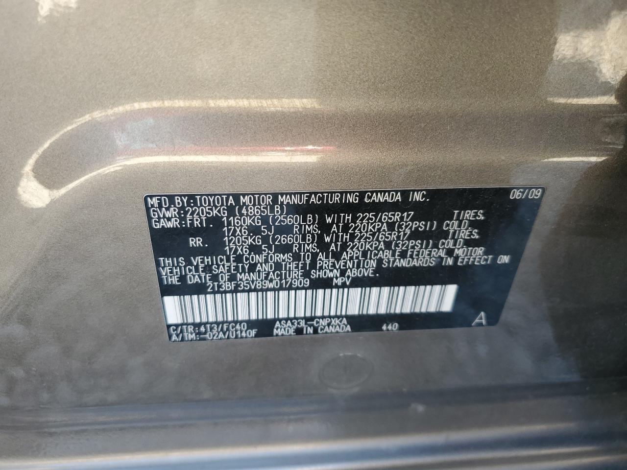 2009 Toyota Rav4 VIN: 2T3BF35V89W017909 Lot: 75043694