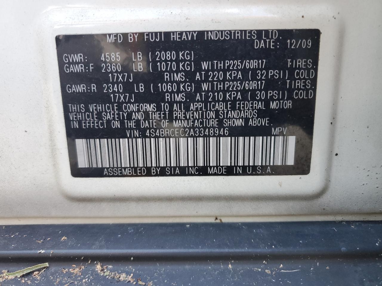 2010 Subaru Outback 2.5I Premium VIN: 4S4BRCEC2A3348946 Lot: 75907244