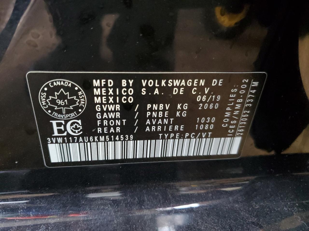 2019 Volkswagen Golf Sportwagen S VIN: 3VW117AU6KM514539 Lot: 75912654