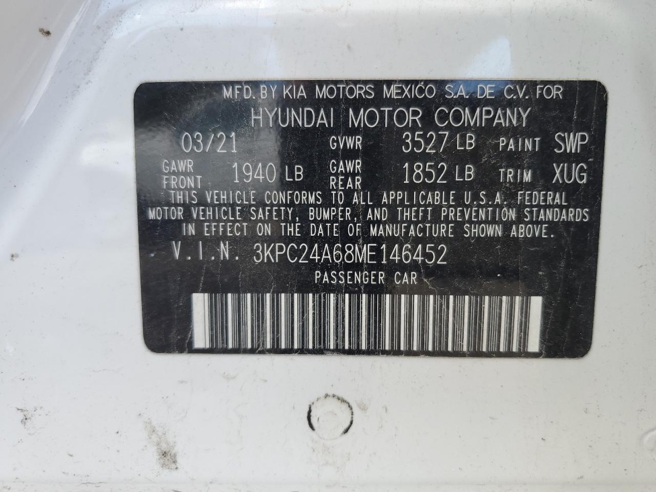 3KPC24A68ME146452 2021 Hyundai Accent Se