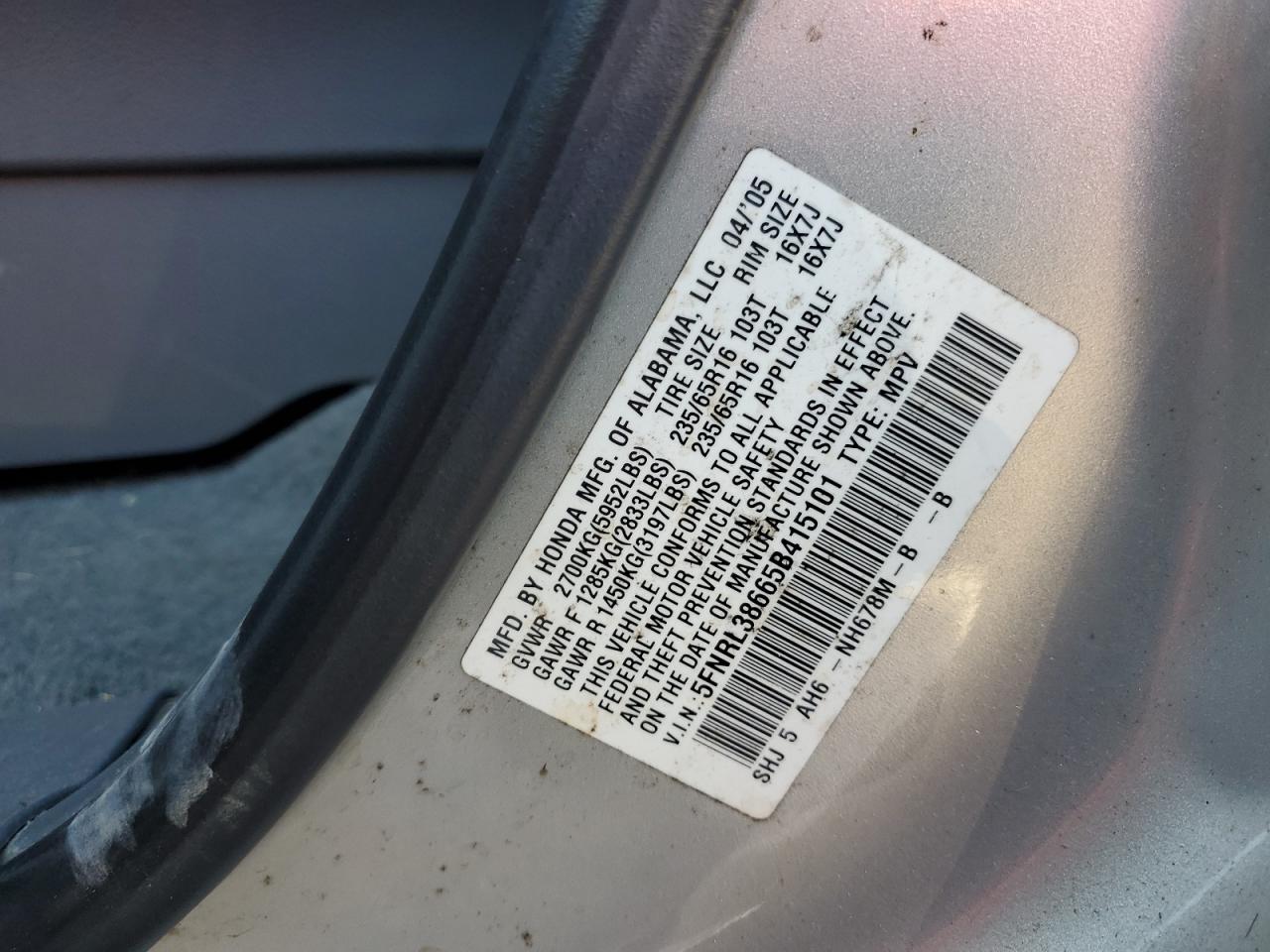 5FNRL38665B415101 2005 Honda Odyssey Exl