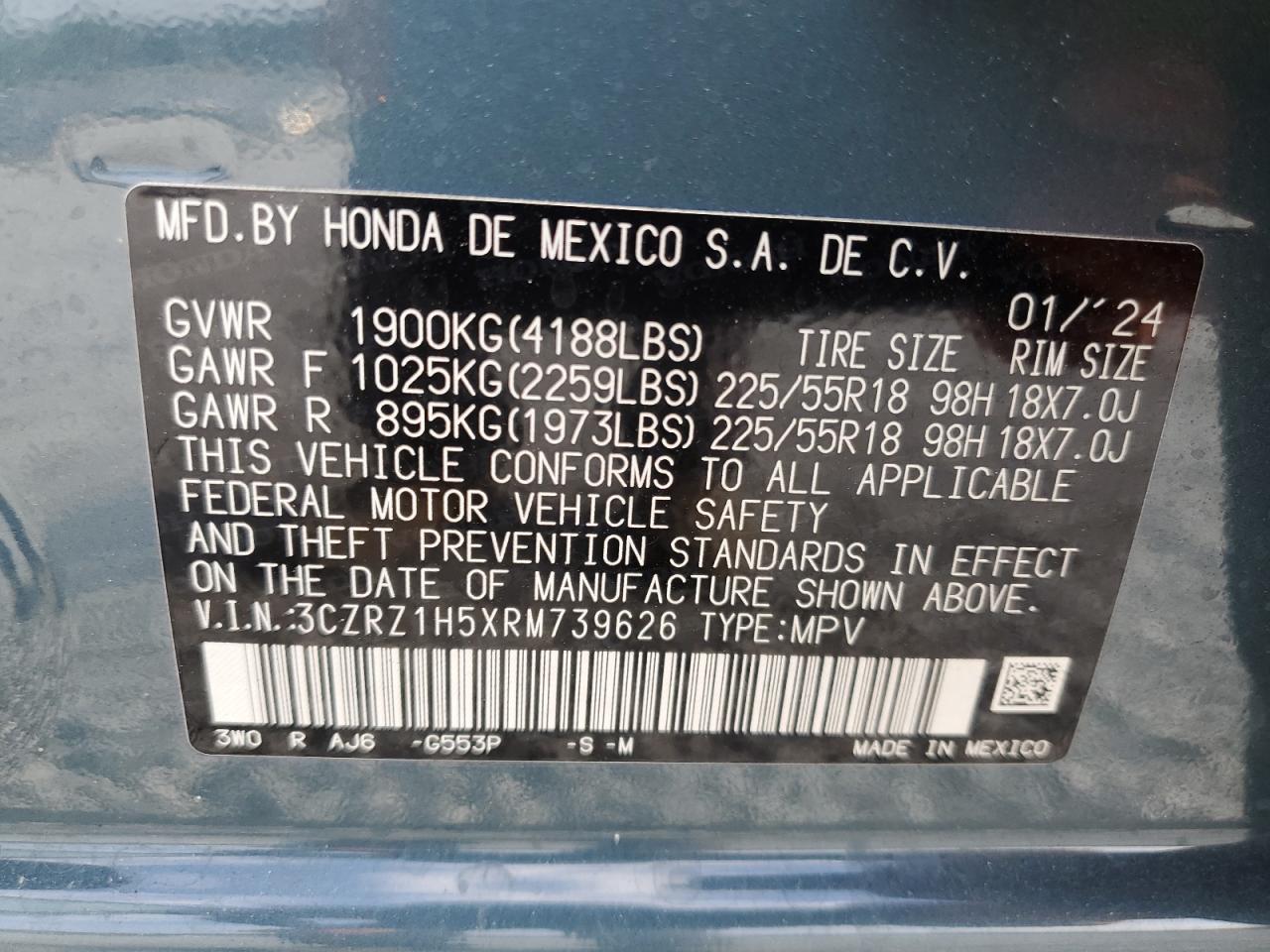 2024 Honda Hr-V Sport VIN: 3CZRZ1H5XRM739626 Lot: 77874604