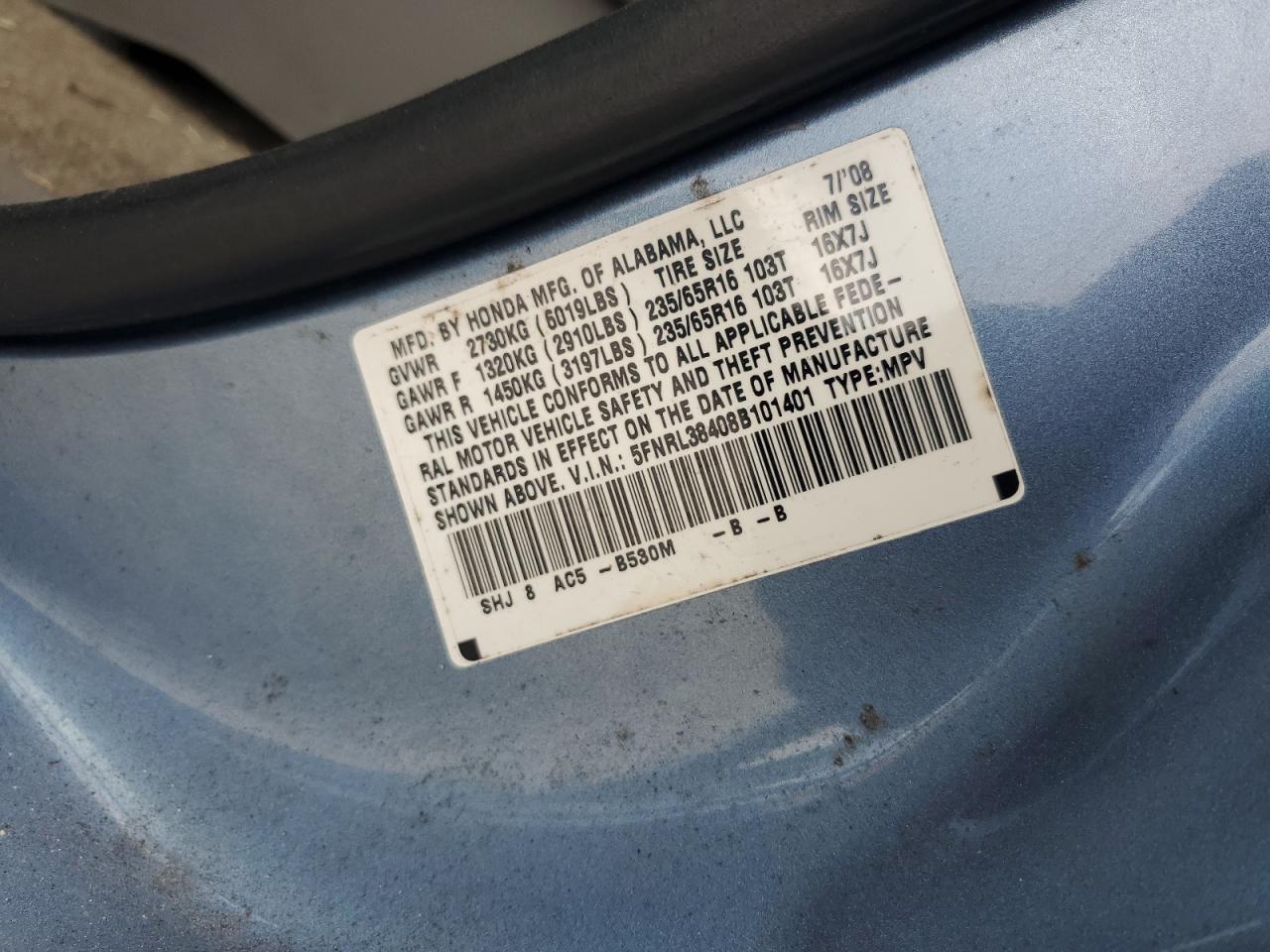 5FNRL38408B101401 2008 Honda Odyssey Ex