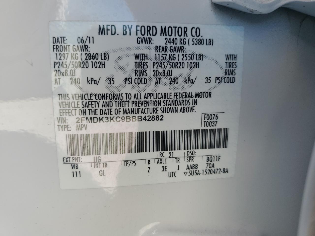 2011 Ford Edge Limited VIN: 2FMDK3KC9BBB42882 Lot: 75740844