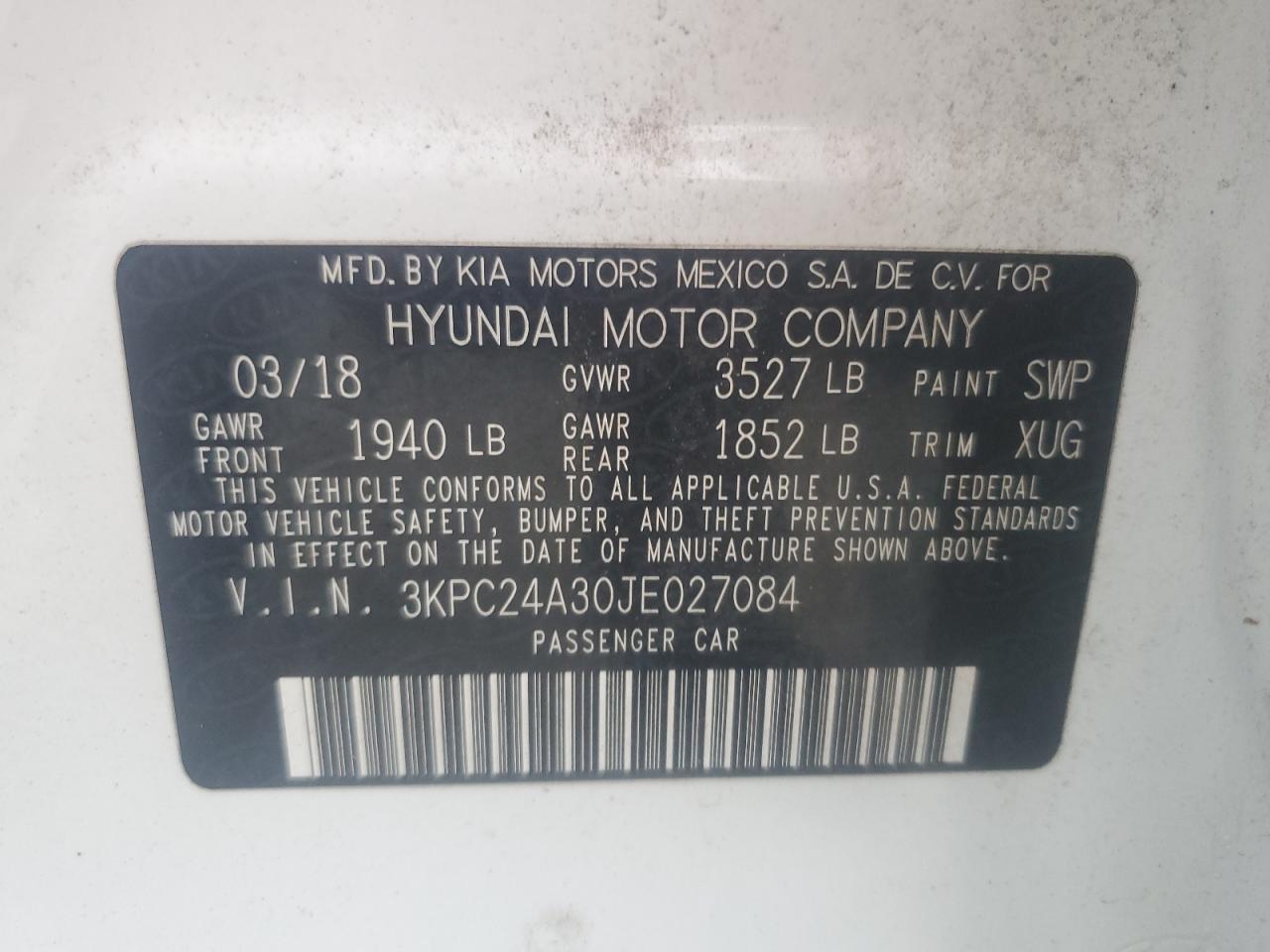 3KPC24A30JE027084 2018 Hyundai Accent Se