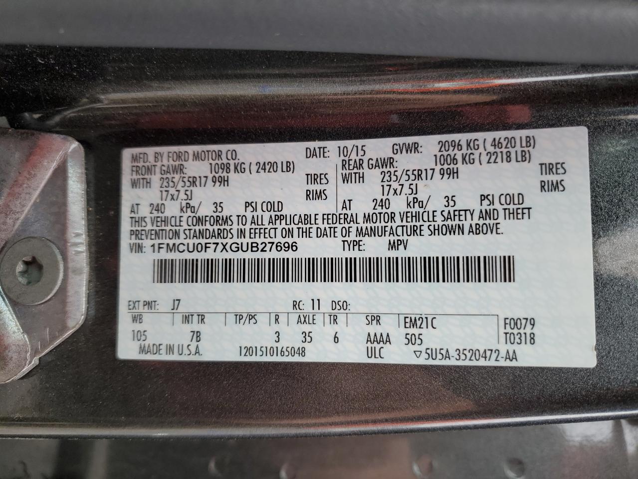 1FMCU0F7XGUB27696 2016 Ford Escape S