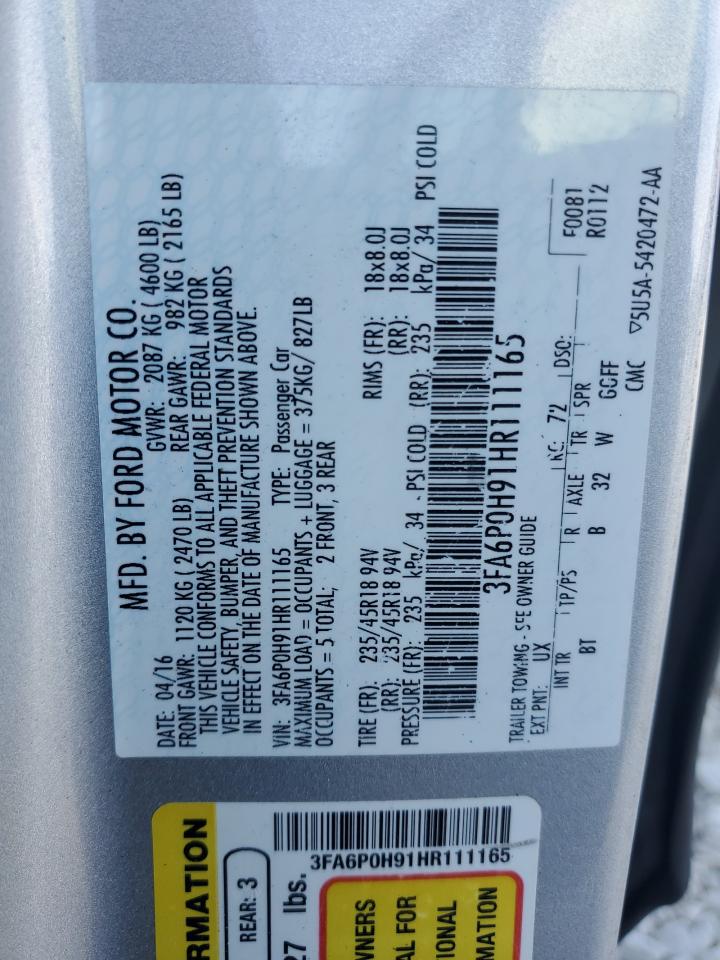 2017 Ford Fusion Se VIN: 3FA6P0H91HR111165 Lot: 78204854