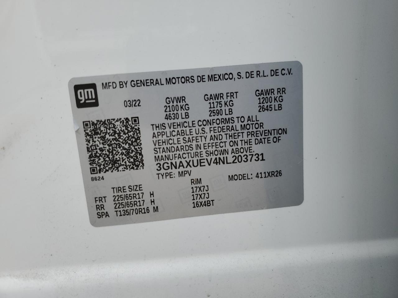 3GNAXUEV4NL203731 2022 Chevrolet Equinox Lt