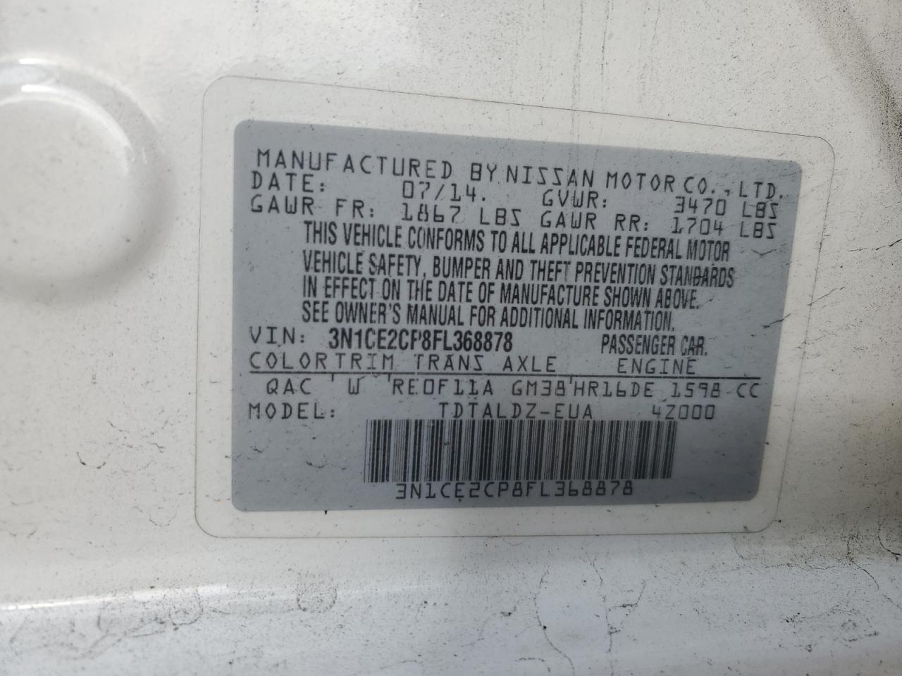 3N1CE2CP8FL368878 2015 Nissan Versa Note S