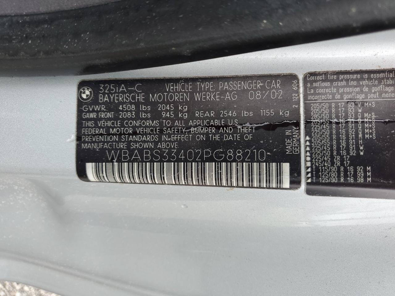 2002 BMW 325 Ci VIN: WBABS33402PG88210 Lot: 75003204